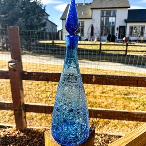 Blenko Crackle Glass Turquoise Blue 920M Decanter 16” W/stopper